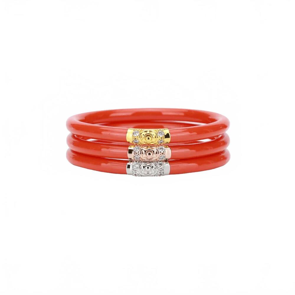 NEW BUDHAGIRL three kings all weather bangles - set of three in coral